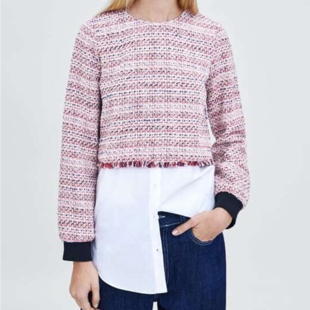 Zara‎ Tweed Knit Top Colorful Red Blue Sweater Top Size L